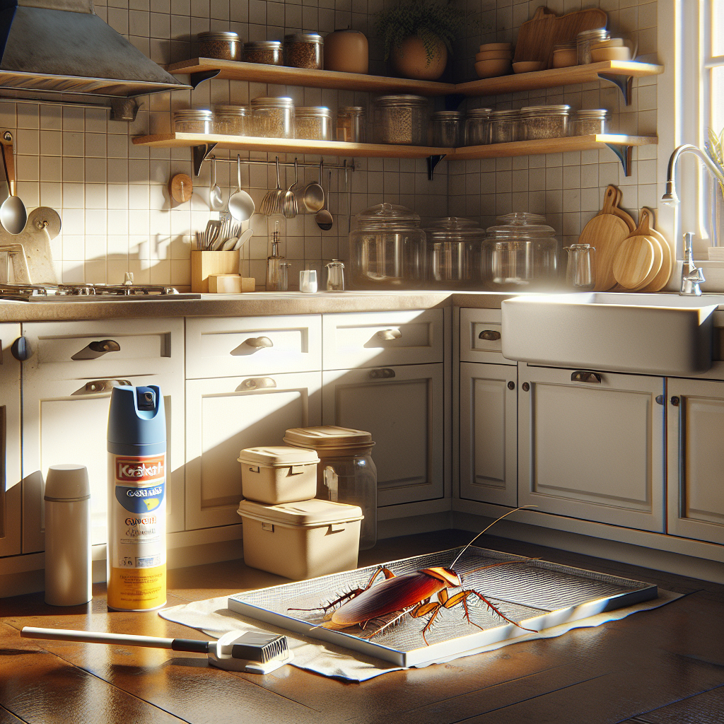 Saubere Küche mit Kakerlakenfalle und Spray als Maßnahme zur Kakerlakenbekämpfung