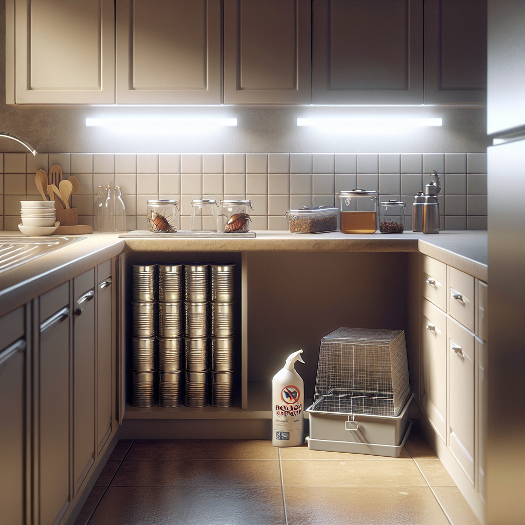 Saubere Küche mit Kakerlakenfalle und Spray zur Vorbeugung und Bekämpfung von Kakerlaken