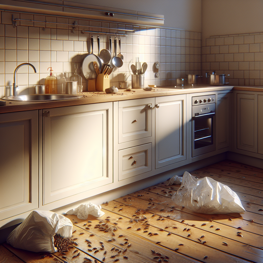 Anzeichen für Kakerlakenbefall in einer Küche mit Krümeln, dunklen Kotspuren und versteckten Eihüllen
