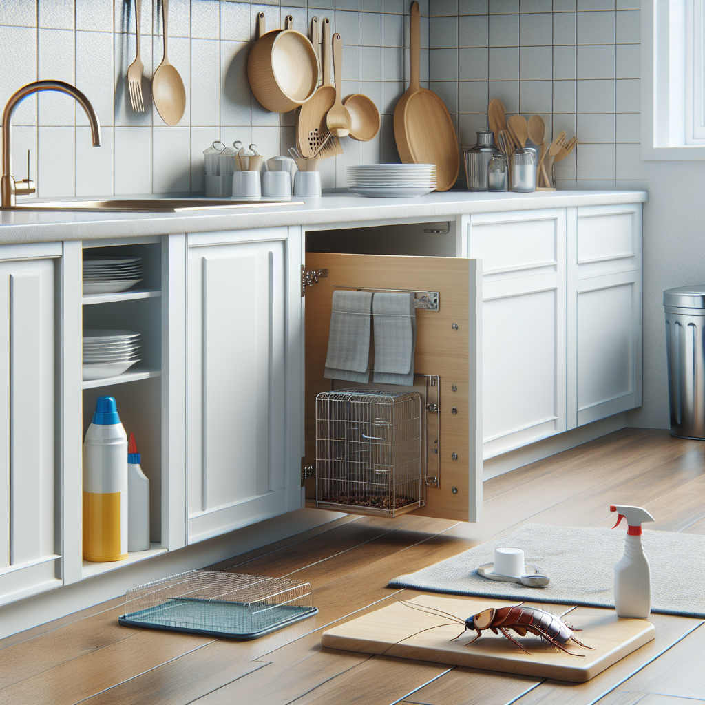 Saubere Küche mit Kakerlakenfalle, Kakerlakengift und Spray als Maßnahmen gegen Kakerlaken