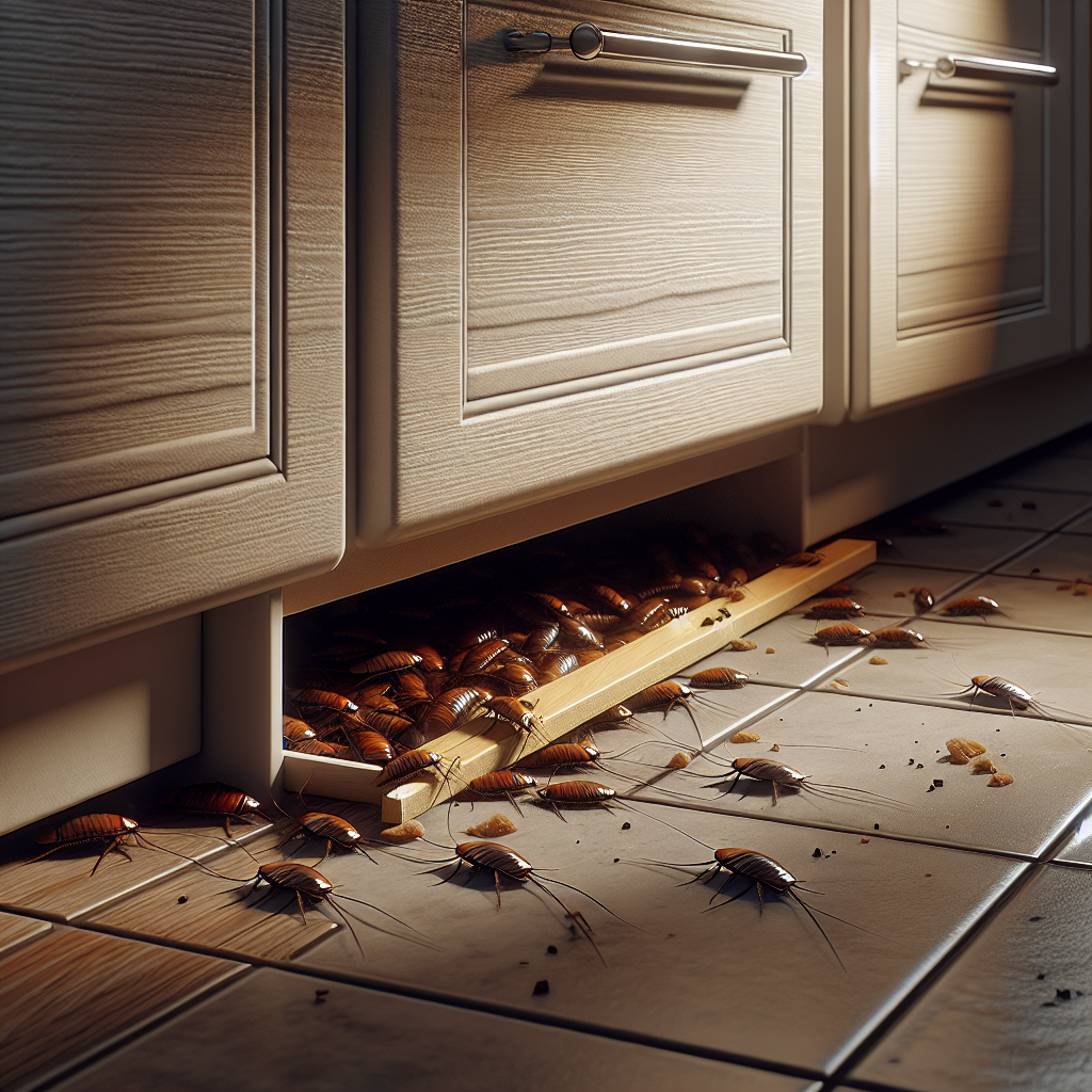 Kakerlaken in einer Küchenzeile unter Schränken und an Sockelleisten in einer Wohnung